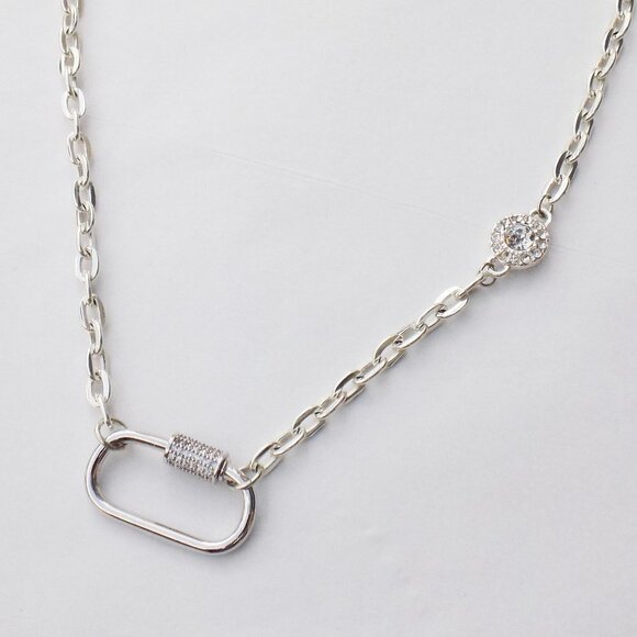 new in box! carabiner on paperclip link chain necklace cz charm silver - Picture 1 of 5